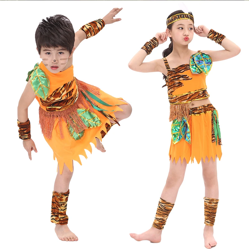 

Kids Cospiay Halloween costume Savages Kids dress performance Clothing Savage Costume Children Wild Cosplay Ancient Costume M84