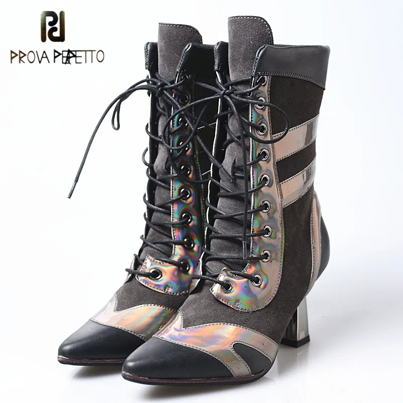 

Prova Perfetto Grey Cow Suede Patchwork Pointed Toe Women Med Boots Metal Strange Heel Front Lace Up Fashion Lady Winter Shoes