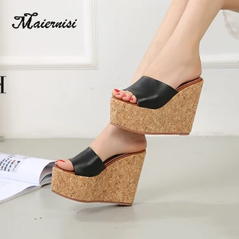 

MAIERNISI Platform slippers women open toe wedges sandals ladies summer high heels casual shoes home outdoor