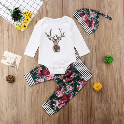 

3pcs christmas clothes Baby Boy Girl Deer Tops Romper+ Floral Pants +Hat Xmas Outfit Set 0-24m