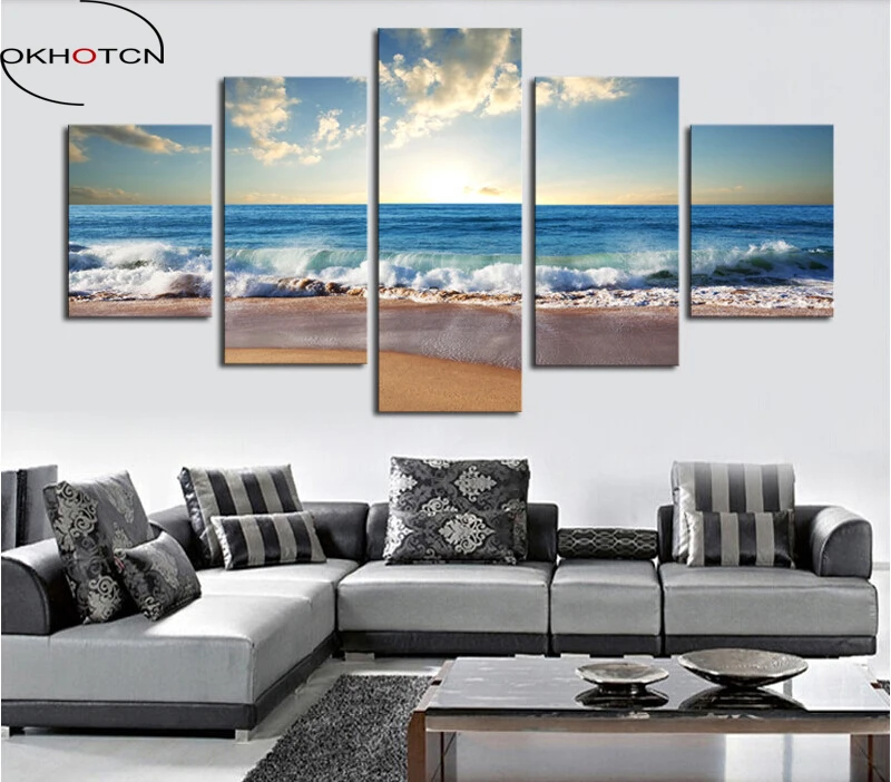 OKHOTCN Framed Oil Painting 5 Piece The Sea Beach Modern