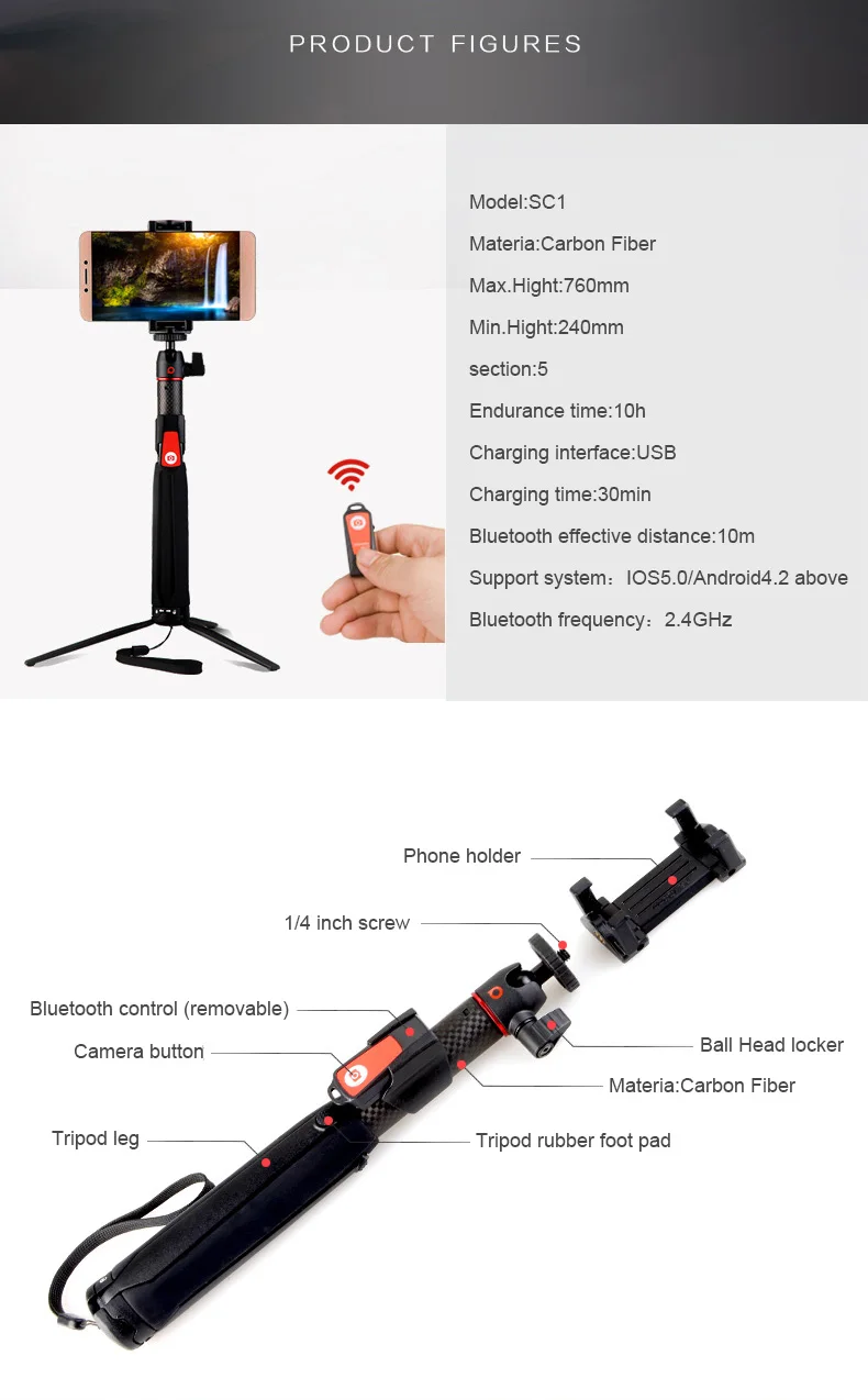 BENRO SC1 беспроводной Bluetooth углеродного волокна гибкий монопод для селфи Настольный Штатив для iphone х экшн-Камера Gopro Sumsang pk smooth4