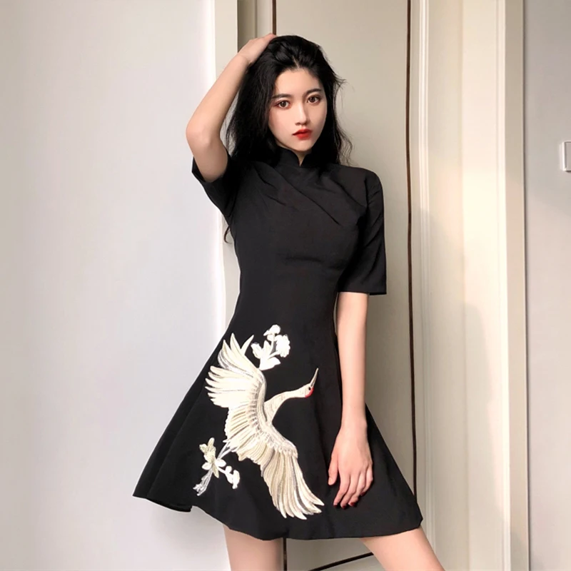 Китайское платье Ципао женское винтажное Чонсам Ципао плюс женское платье Длинное Элегантное с цветочным принтом черное платье