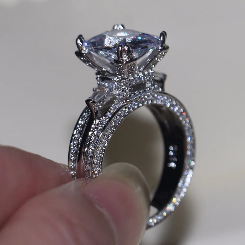 Vecalon Women Big Jewelry ring Princess Cut 10ct AAAAA Zircon stone 300pcs Cz 925 Sterling Silver Engagement Wedding Ring Gift