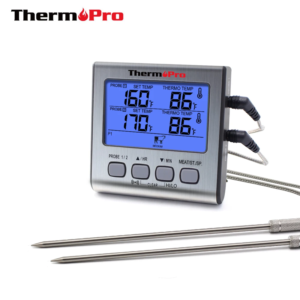 Goedkoop ThermoPro TP17 Dual Probe Outdoor Koken Vlees Thermometer Grote LCD Backlight Voedsel Grill Thermometer met Timer Modus voor Roker