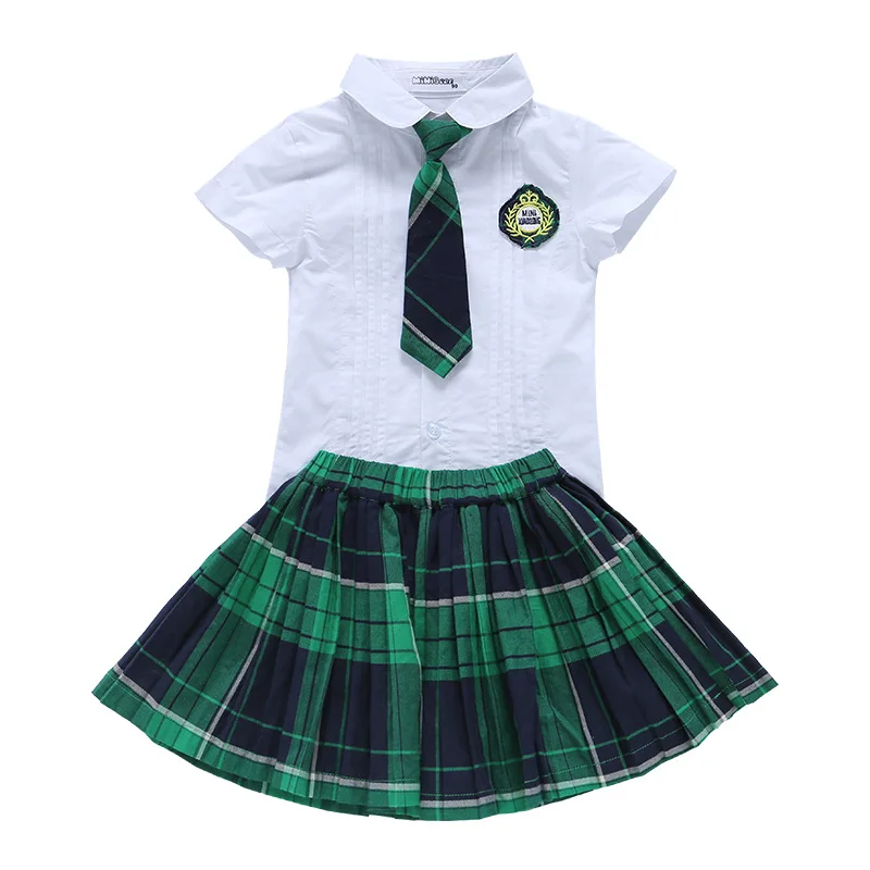 

cotton Children Stripe Skirt Pants Short Sleeve Shirt Suit School Uniform for Girls Boys Costumes Set 3PCS Christmas Gift Z987