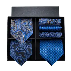 Здравствуйте-Tie бренд Роскошный дизайнерский синий Пейсли шелковые галстуки для мужчин формальный галстук запонки набор Подарочная