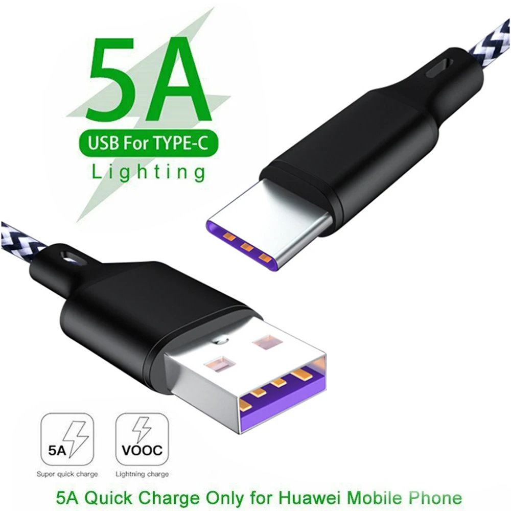

1M Fast Charging USB C Cable 5A Supercharge USB Type C Charger Charged for Huawei P20 Pro P30 Xiaomi 9 MIX 3 For Smart Phone