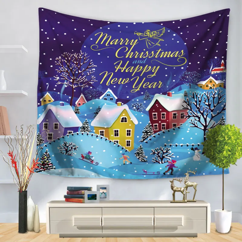 

CAMMITEVER Snow Christmas Wood House Blue Green Tapestry Home Decor New Year Decoration Dorm Wall Hanging