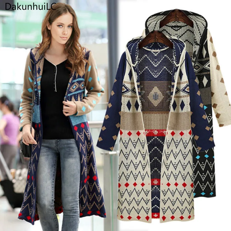 

2019 New Style Hot Sale Ladies Long Knitted Cardigan Loose Casual Hooded Geometric Jacket Coat Boho Sweater