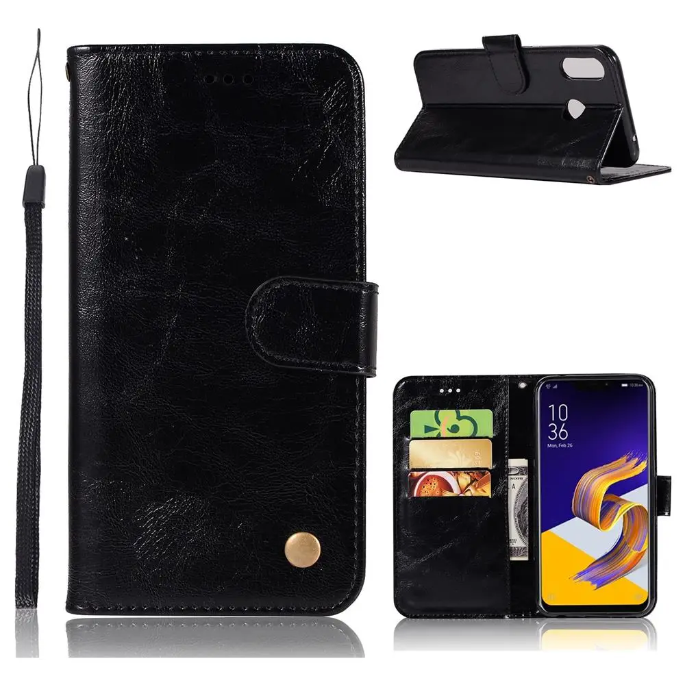 Luxury Retro Leather Wallet Case for Asus ZenFone 5Z ZS620KL - Black