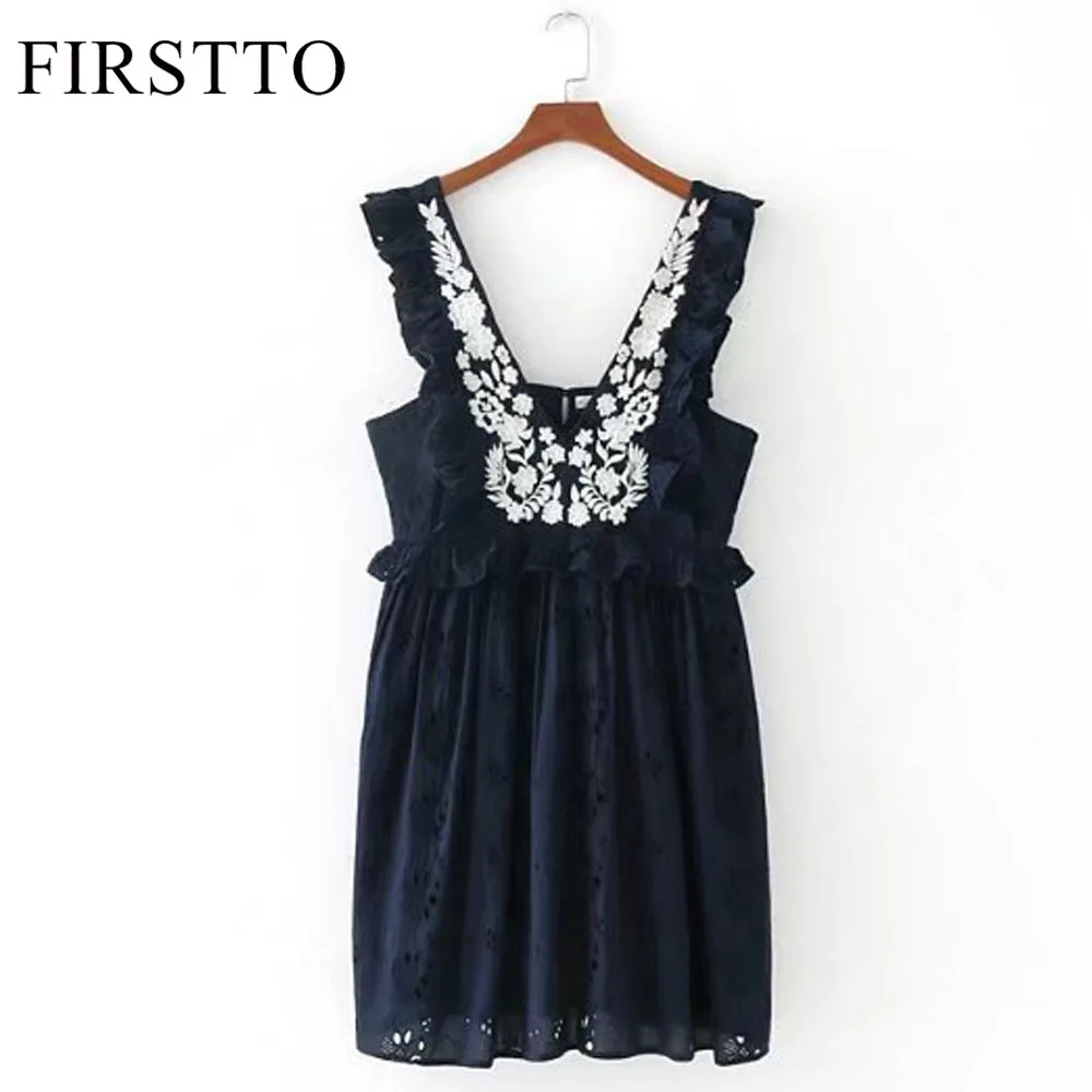 

FIRSTTO Sweet Floral Print Embroidery Cascading Ruffles Sleeve Backless Back Button V-Neck Women Mini Pleated Dress Vestidos New