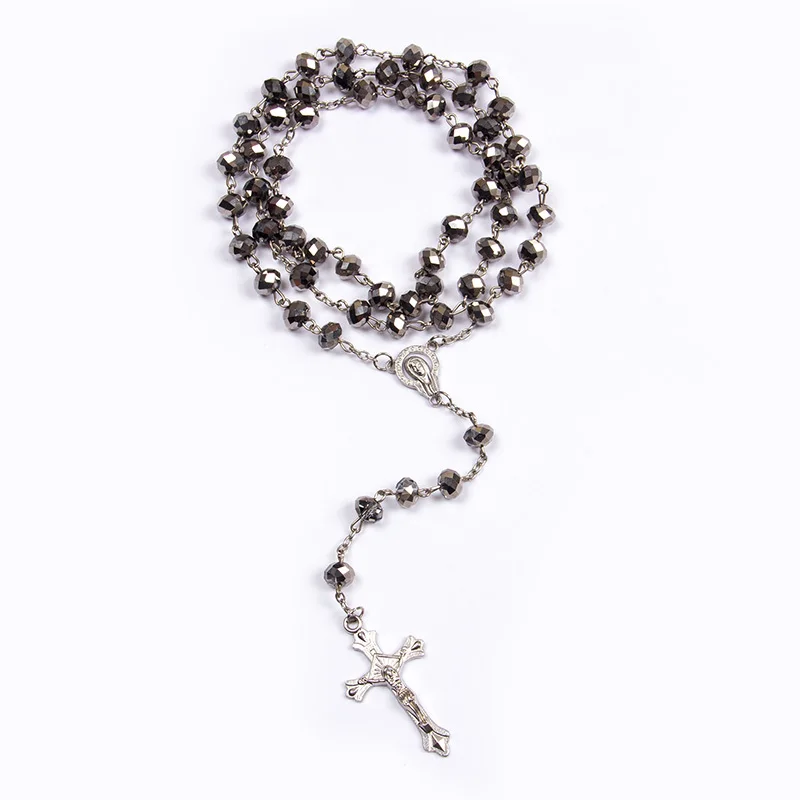 Wholesale Fashion Religious Jewelry Plastic Rosary Necklace Metal Cross Pendant Long Necklace