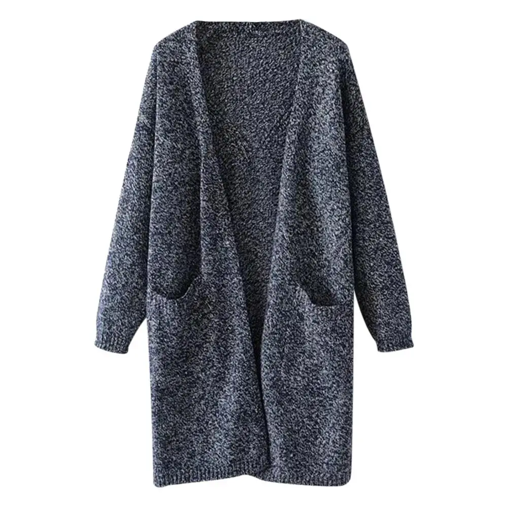 Autumn and Winter Women's Back Hollow-out Midi-length Big Pocket Knitted Cardigan |