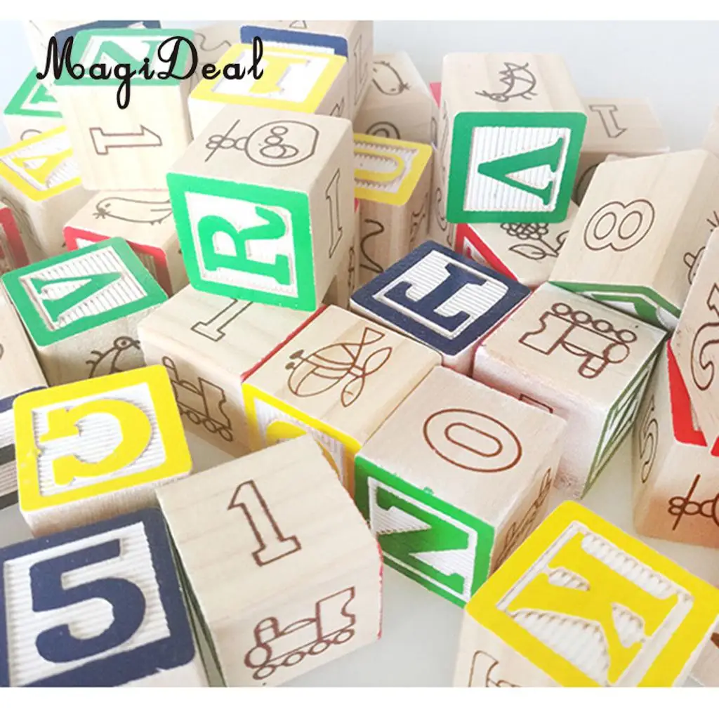 50Pcs Wooden Cartoon ABC Alphabet Numbers Math Learn Cube Blocks Stack Toddler Color Shape Cognition Educational Toy