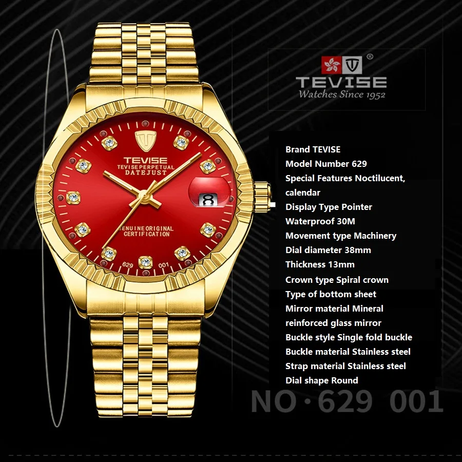 TEVISE Mens Watches Men Automatic Mechanical Watch Stainless Steel Date Waterproof Business Wristwatch Relogio Masculino