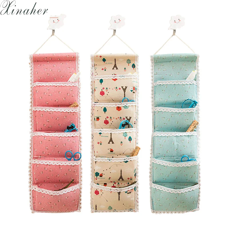 

XINAHER Linen Cotton 5 Pocket Wall Hanging Bag Storage Organizer for Sundries Bra Socks Back Door Organizer Hanging Bag