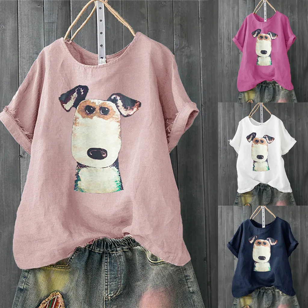 

blusas mujer de moda 2019 Women Tops Women Casual Plus Size Dog Print Loose Linen Button Tunic Shirt Ladies Tops T-Shirt Women