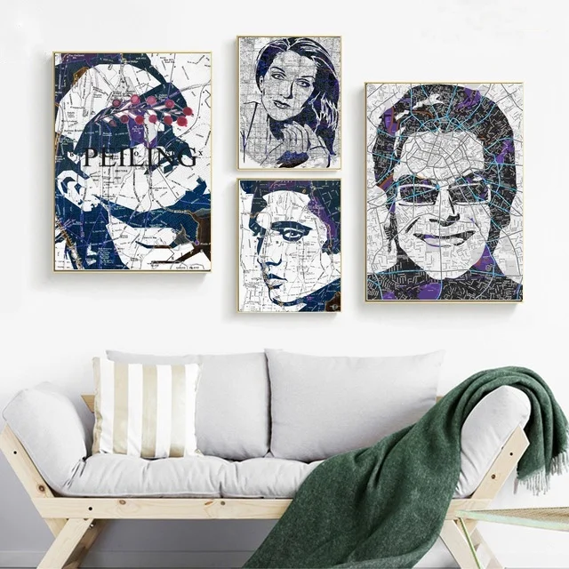 

Bono U2 New York Map Music Celine Dion Toronto Elton John Elvis Presley Star Art Canvas Poster Wall Pictures for Living Room