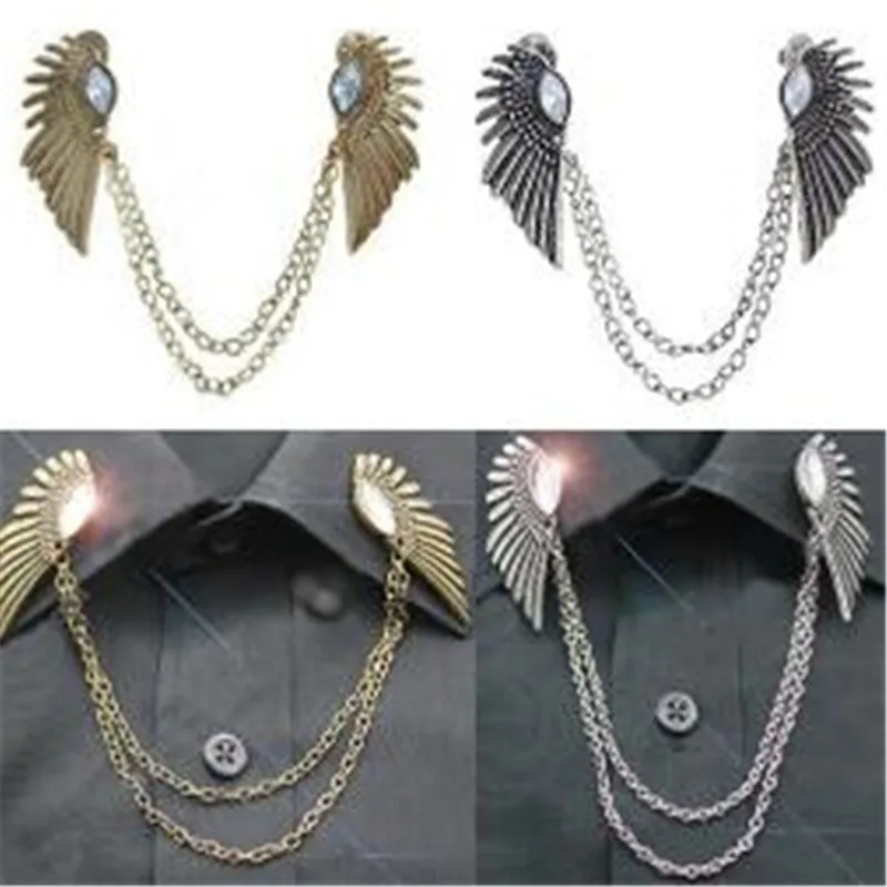 

WKOUD Retro Collar Clip Punk Chain Tassel Blouse Shirt Angel Wing Tips Pin Brooch Luxury Jewerly