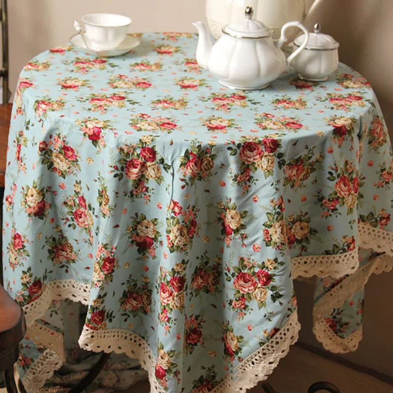 Linen Table Cloth Woven Floral Rose Pastoral Home Party Blue Toalha De