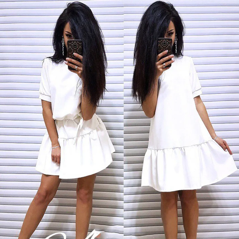 

Women Summer Short Sleeves Dresses Ruffled Vintage Casual A-Line Dresses O-Neck Loose Hem Party Solid Mini Dress 6Q1432