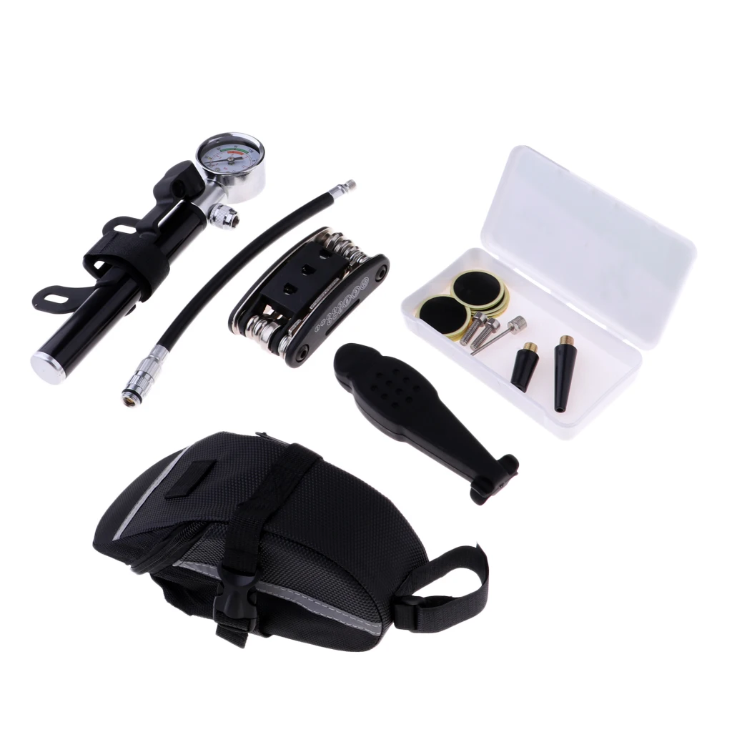 Bike Cycling 16 in 1 Multi Hex Spoke Wrench Screwdriver Bicycle Tire Repair Tools Kit Set Tyre Air Pump Inflator with Gauge