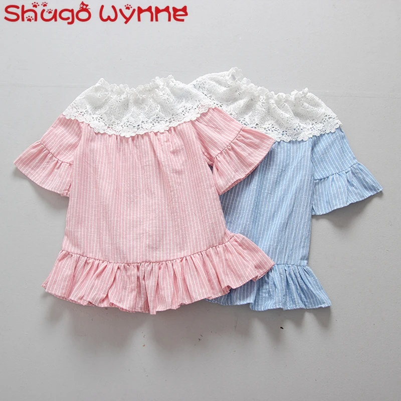 Summer Children's Short Sleeve Lace Collar Striped Print Girls Ruffles Pleated Tutu Dress vestidoss | Детская одежда и обувь
