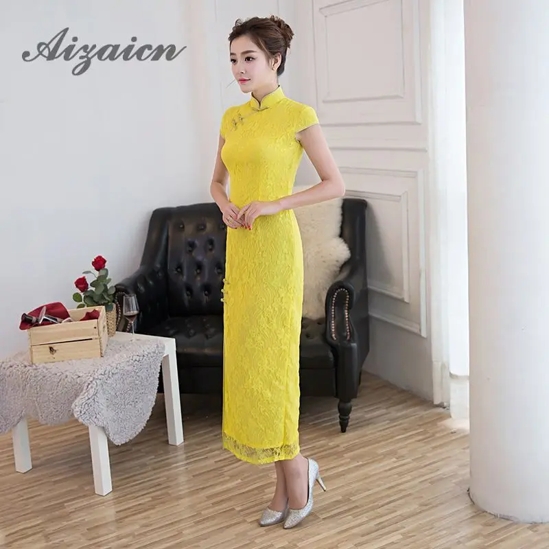 Высокое качество современные Кружева Cheongsam Длинные Сексуальные платья Qipao желтые элегантные китайские традиционные платья восточные свадебные платья - Цвет: yellow