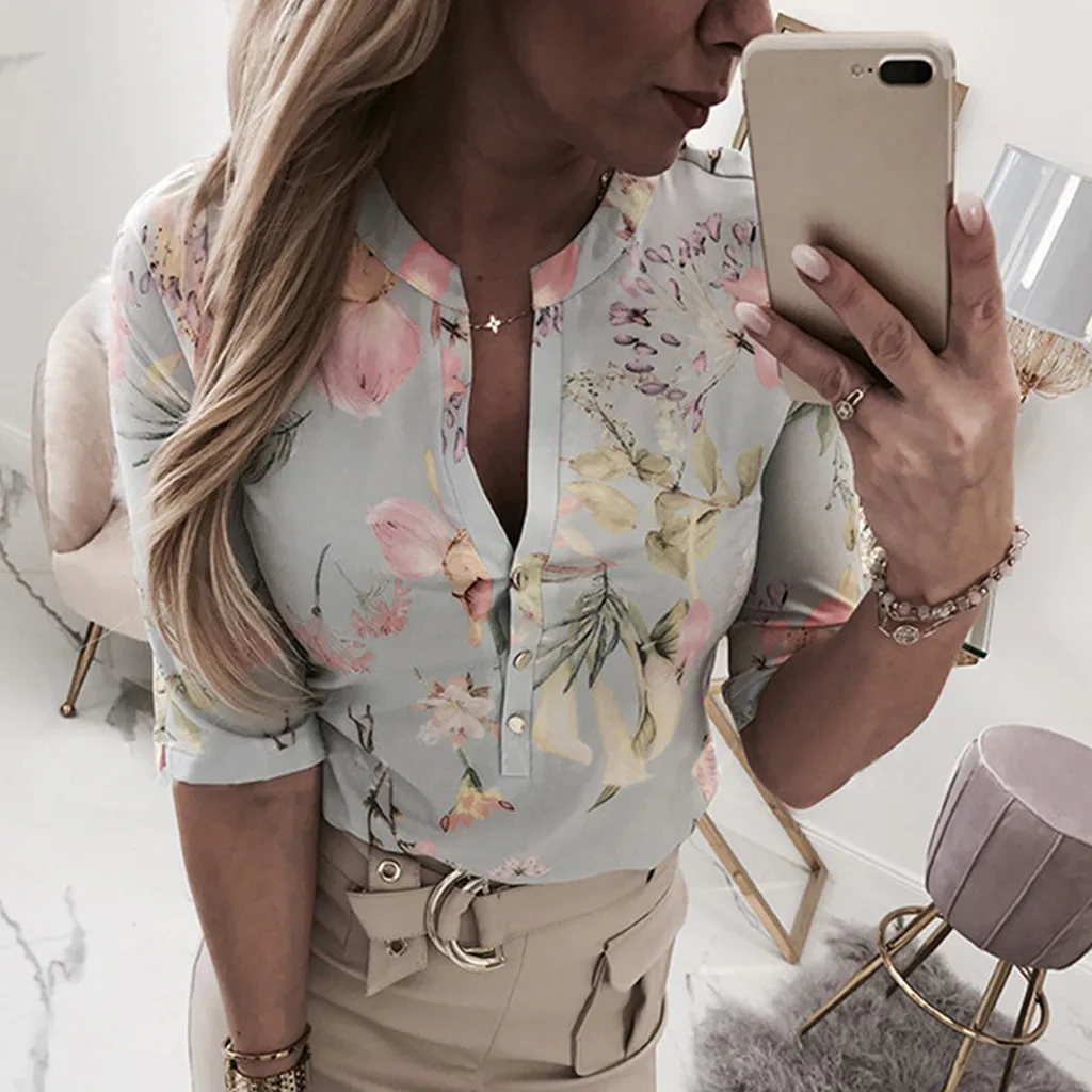 

YOUYEDIAN Fashion Woman Blouses 2019 Summer Women's Flower Printing Button Blouse Casual V-Neck Short Sleeve Tunic Shirt Tops