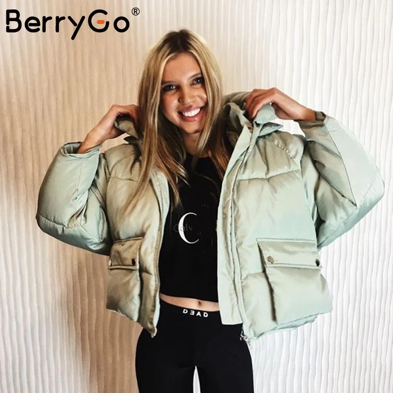 BerryGo Winter casual pocket hooded loose coat parka Women zipper padded streetwear parkas 2017 warm pink parka overcoat female