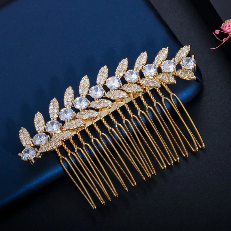 CWWZircons Luxury White Gold Color Shiny Cubic Zirconia Stone Leaf Bridal Wedding Hair Combs Pins Jewelry Accessories A011