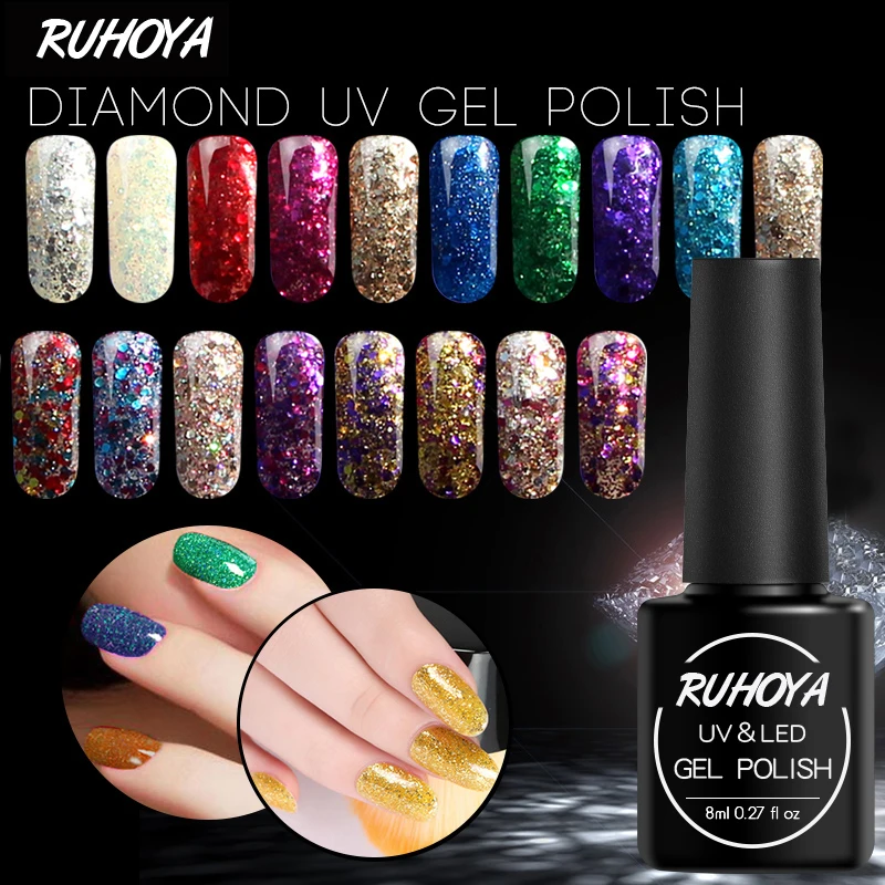

Ruhoya Glitter 3D Diamond Gel Nail Polish 8ml Nail Art Manicure Vernis Semi Permanent Gel Lacquer Soak Off Sequins Nail Polish