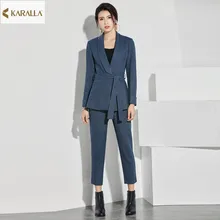 High quality 2016 women spring runeway fashion solid prints full sleeve sashes coat+mid-calf pants two pcs formal outfit D0456