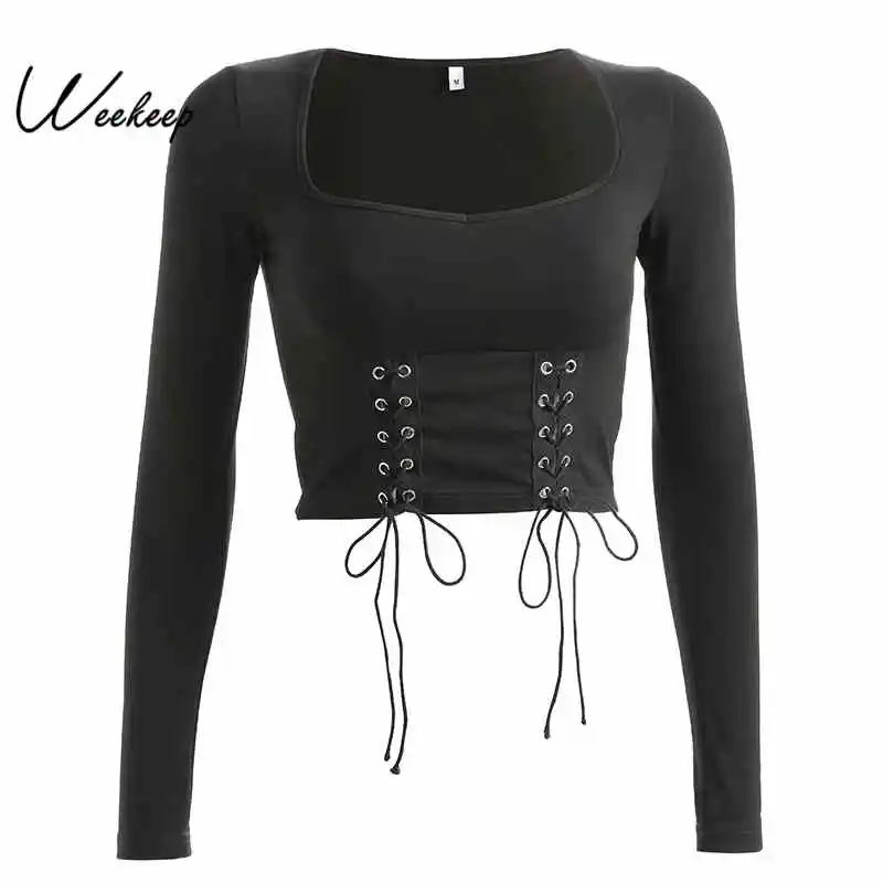 

Weekeep Women Black Square Collar t shirt Cropped Bandage Hollow Out Long Sleeve tshirt High Street tee shirt femme Crop Top
