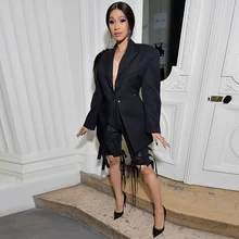 Cardi B наряд на шнуровке блейзер с открытой спиной 2 шт брюки набор кисточкой ушко Украшенные пряжкой V образным вырезом Верхняя одежда сексуальные сетчатые брюки