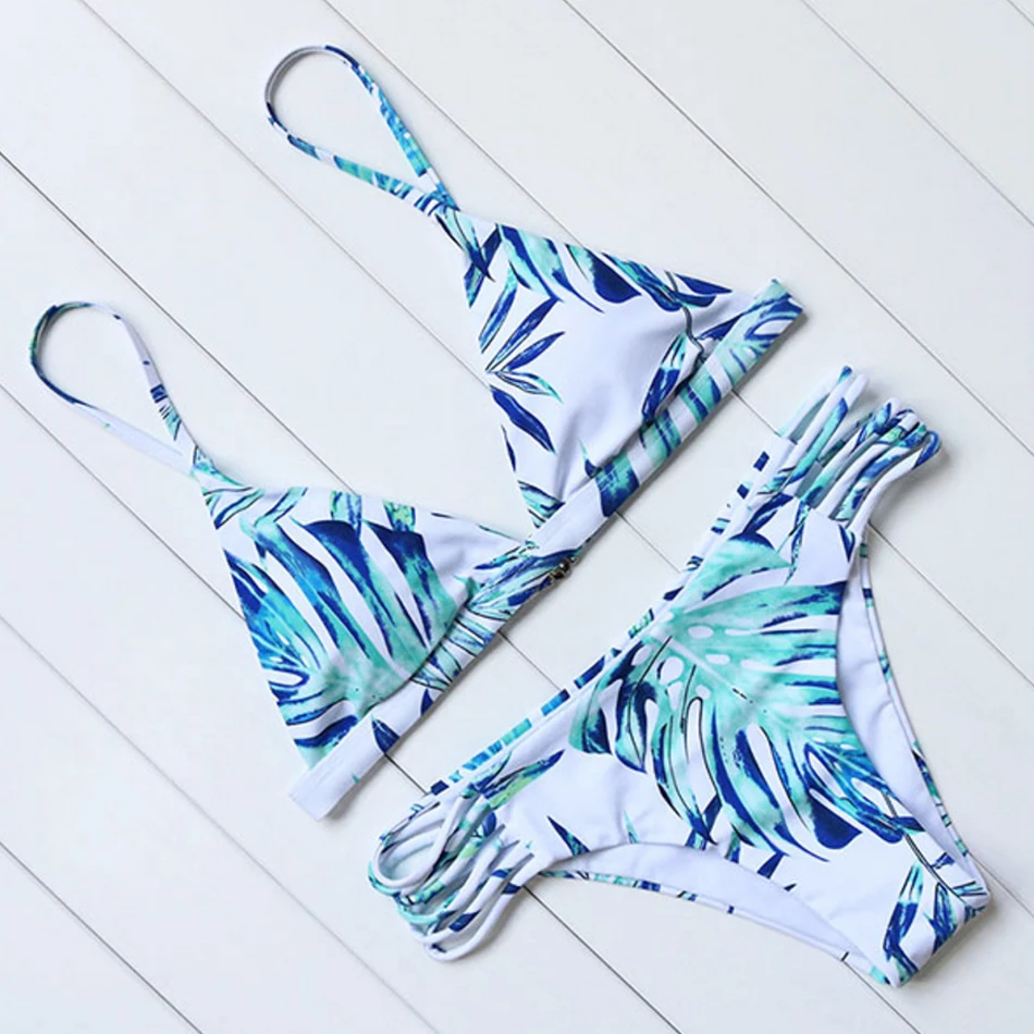 

Bikini 2018 sexy women swimwear push up bikini set plant printed bandage swimsuit halter summer bathing suit wholesale dropship