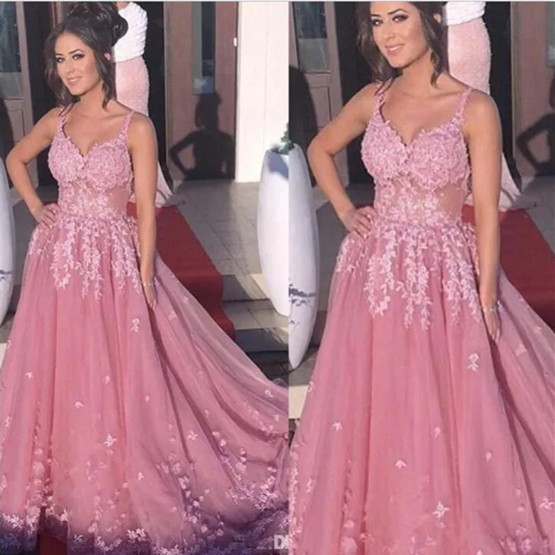 

Elegant Pink Puffy Long Evening Formal Dresses Trendy Saudi Arabia Dubai A Line Spaghetti Straps Holiday Wear Party Prom Gowns