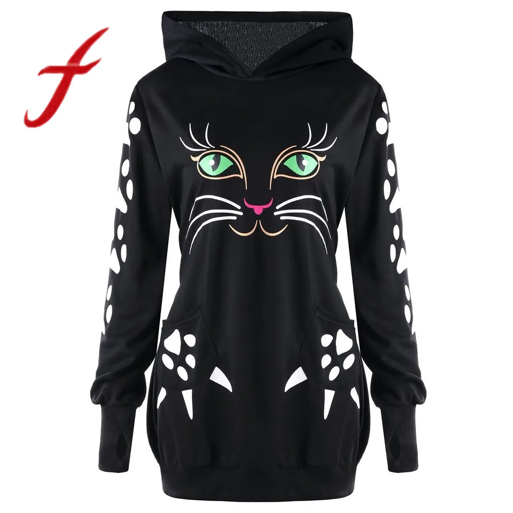 

Feitong Womens Long Hoodie Sweatshirt Autumn Causal Cat Print With Ears Hooded Sweatshirts Pullover Tops sudadera mujer 2019 New
