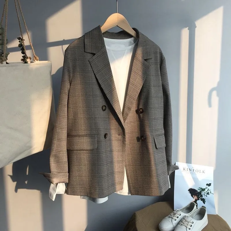 

Fashion 2019 New Turn-Down Collar Women Loose Plaid Blazers Pockets Retro Single Breasted Long Coats Female Casual Blazer