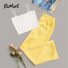 ROMWE Rib Cami Top With Pants Pajamas For Women Summer Sleeveless Spaghetti Strap Sexy Lingerie Solid Long Pants Sleepwear knot back striped cami top with pants