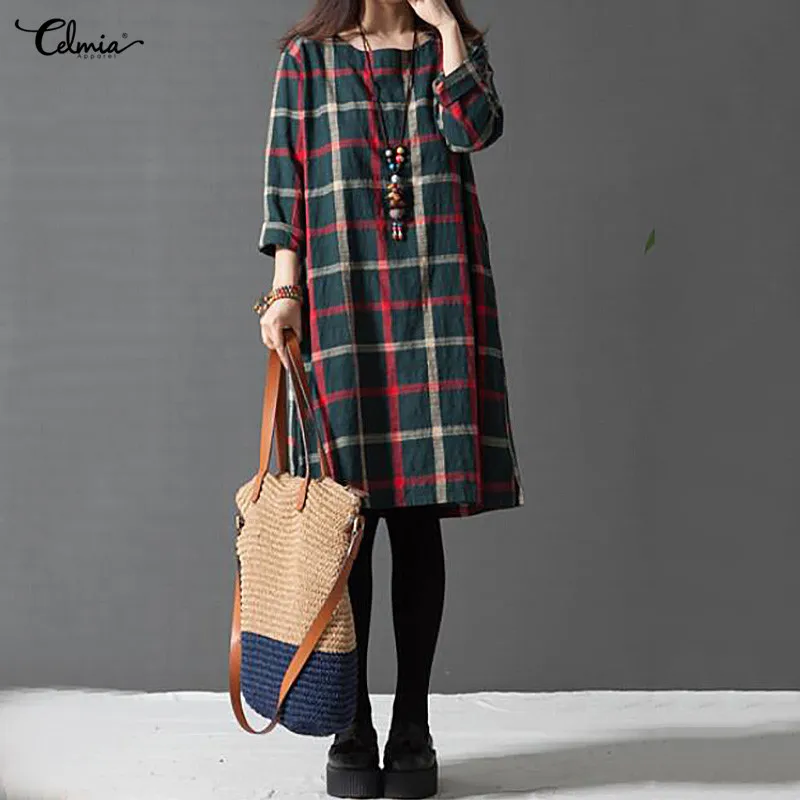 

Celmia 2019 Women Retro Plaid Print Dress Autumn Ladies O neck Long Sleeve Pockets Casual Loose Knee-length Vestidos Robe Femme