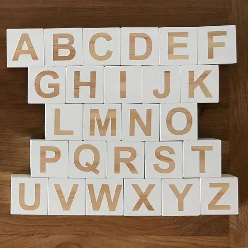 

1 Set White Solid Wood Square Block Baby Learning 26 English Letter Cube Kids Infant Photography Props