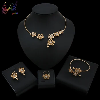 

Yulaili New Fashion Elegance Flower Shape Gold Colors Necklace Bracelet Ring Earrings Jewelry Set For Women Gift