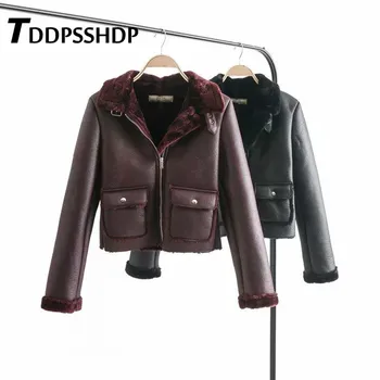 

Furry Lining Women PU Clothing Faux Leather Zipper Solid Female Coats Outwear Chaquetas Mujer