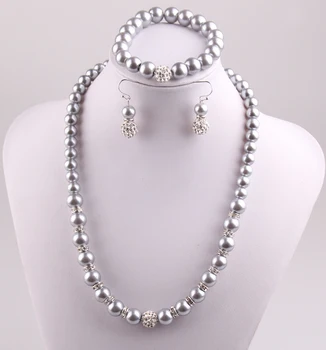 

Fashion Jewelries Sets Grey Glass Pearl Jewelry set with Spacers 10mm Pave disco Ball Necklace Bracelet Earring set 3 color