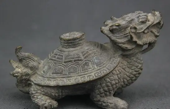 

S0988 5" Old China Fengshui Bronze longevity Wealth Dragon tortoise Turtle Coin Statue