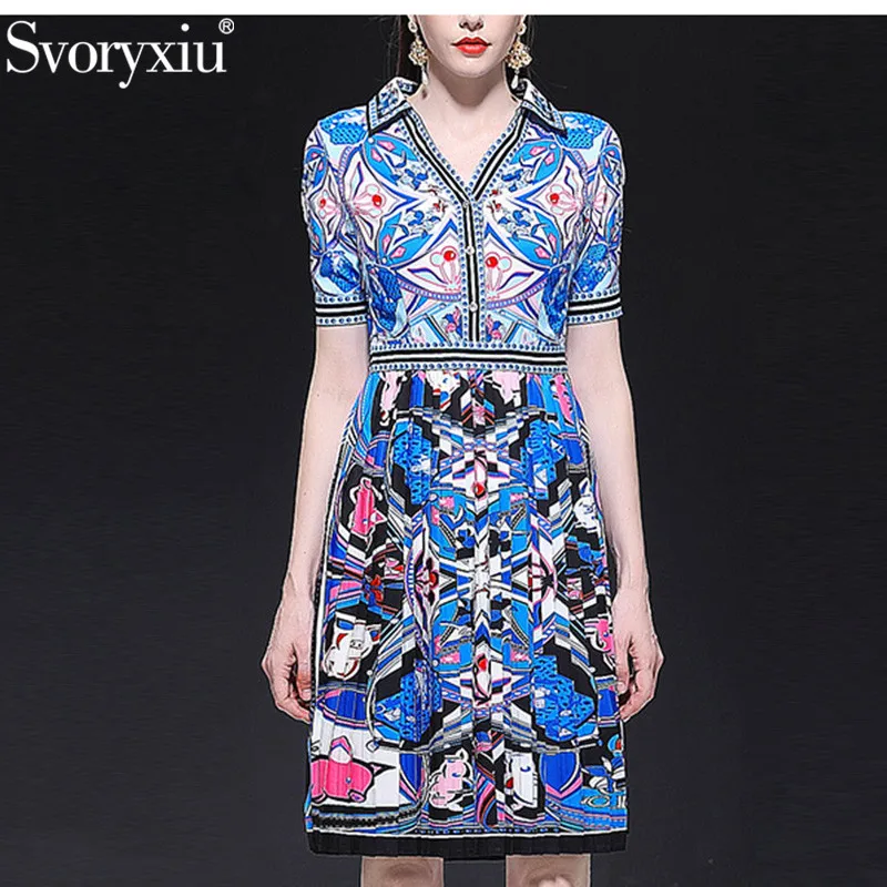 

Svoryxiu Designer Summer Party V-Neck Dress Women's High Quality Short Sleeve Blue Flower Print Pleated Knee-Length Dress
