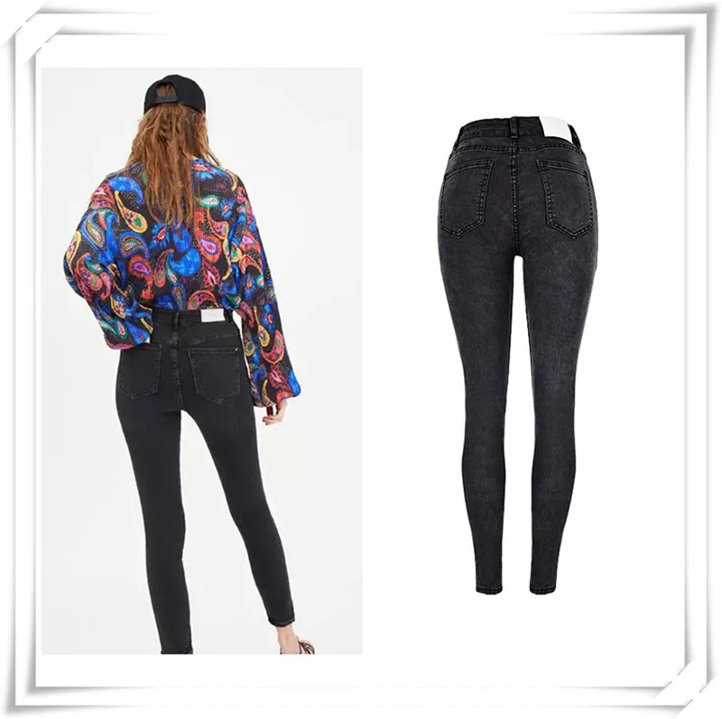 European and American women's wear high-waisted black super stretch acid-washed jeans and short leg trousers cross border women's wear (3)