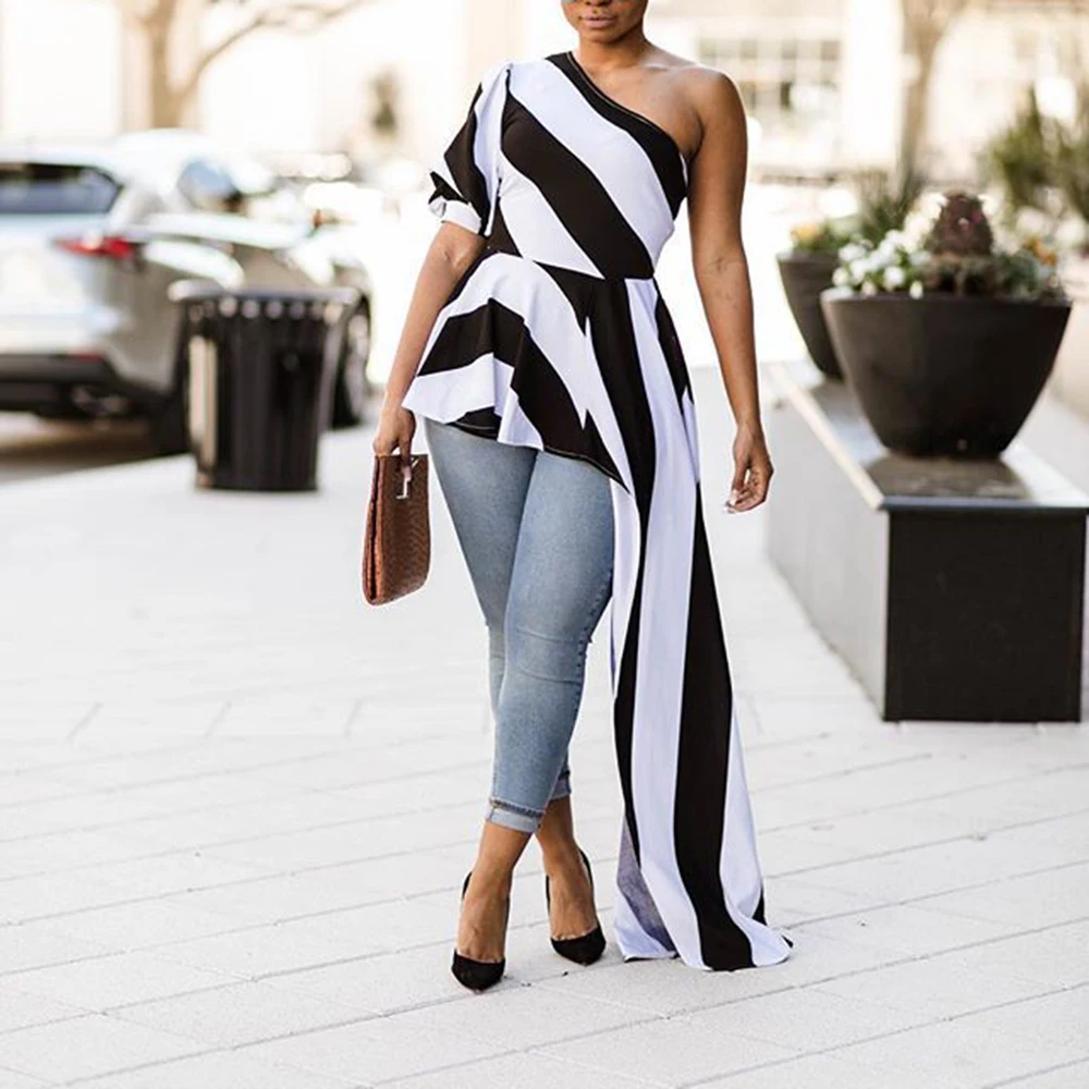 

2018 Women Fashion Summer Stripe Slash Neck One Shoulder Puff Sleeve Asymmetric Hem Slim Tops Blouse
